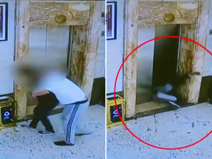 兩男喝醉摟抱摔倒撞破電梯門，雙雙跌入電梯井。