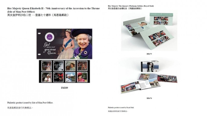 香港郵政於12月20日在網上發售海外集郵品，包括已故英女皇登基紀念郵票。