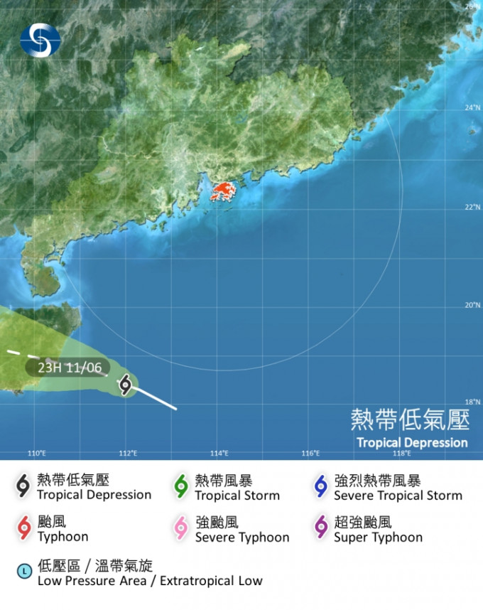 热带低气压正在香港西南偏南500公里内掠过。天文台