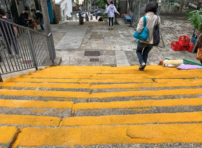 城皇街百年石梯突被喷上多条黄色防滑漆面。中西区关注组facebook图片