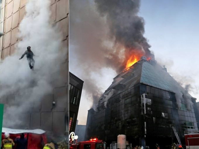 健身中心大火至今造成55死傷。有人從高處跳下逃生(左圖)。