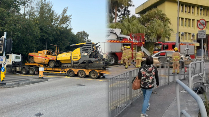 西貢消防局外重型拖頭硬撼私家車 再剷上行人路撞山邊。西貢將軍澳討論區FB