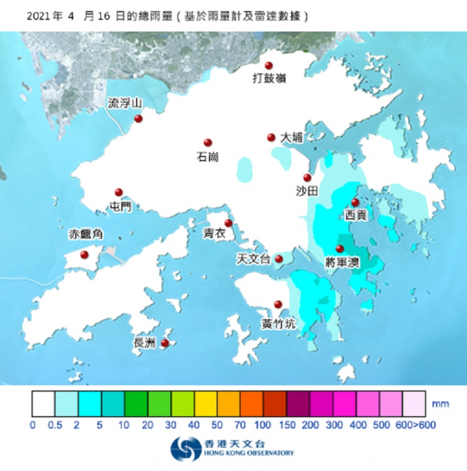 4月16日等雨量線圖。天文台