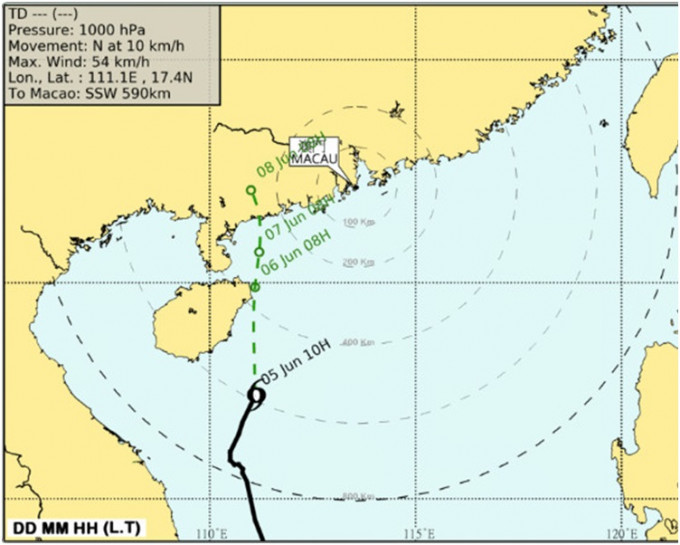 热带低气压集结在澳门西南偏南约590公里。图:澳门气象局