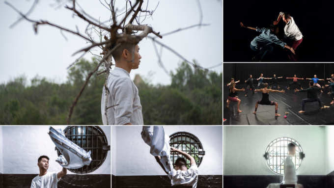 盘彦燊近年参与不同形式的项目，例如短片《发肤》（左上图，图片由Asia Chow提供）、舞蹈表演《涡》（右上图，图片由Yulia Skogoreva提供）、形体工作坊（右中图，图片由Carrol Ho提供），以及尚未举行的单对单表演《憩》（下图，图片由香港艺术节提供）。