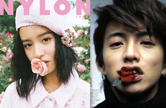 木村光希在《NYLON JAPAN》封面上，摆出咬花甫士，跟父亲木村年轻时的造型极为相似。