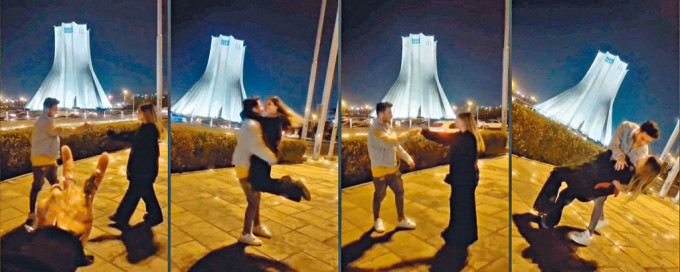 艾哈邁迪與哈基基在德黑蘭自由塔前跳舞。