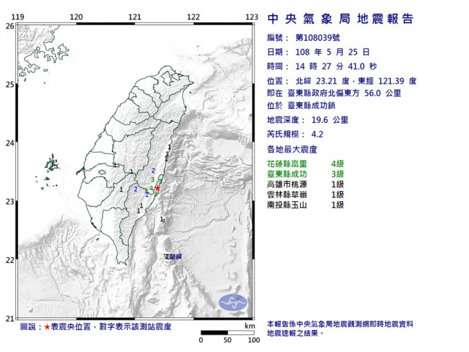 台東今午發生地震。中央氣象局