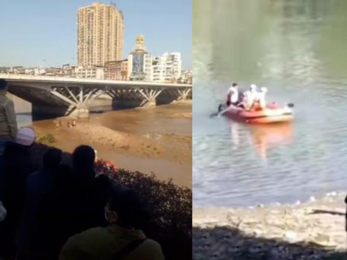 福建南平巿一个水坝突放水，冲走下游一对父女，救援人员坐橡皮艇搜救。（网上图片）