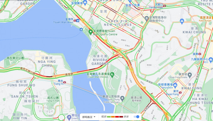 荃湾一带交通非常挤塞。Google地图