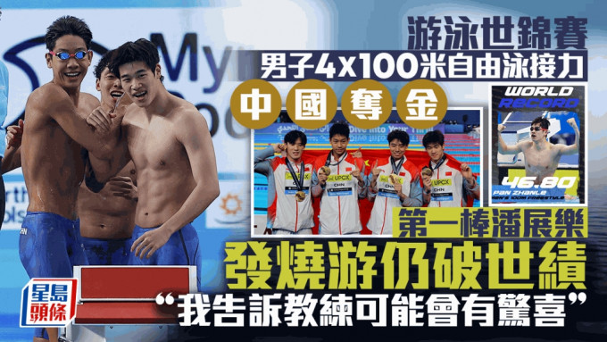 游泳世錦賽｜中國奪男子4X100米自由泳接力金牌 第一棒潘展樂發燒照破世界紀錄