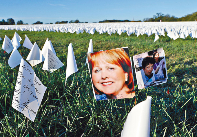■華盛頓國家廣場區域插着數十萬支白旗，悼念新冠死者。