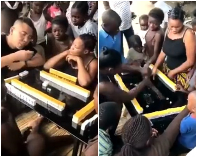 一名內地男子向圍觀的多名非洲小朋友示範如何打麻將。片段截圖