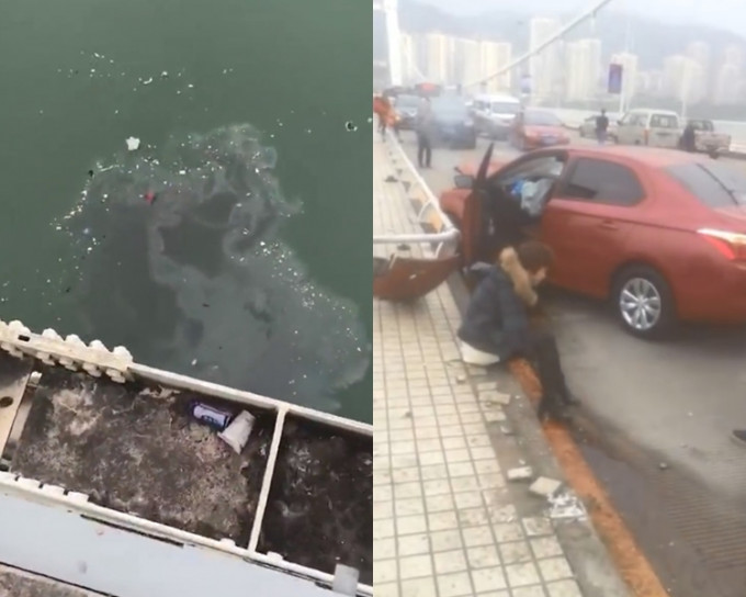 涉事私家車及女司機（右圖），而海面留有油污。網圖