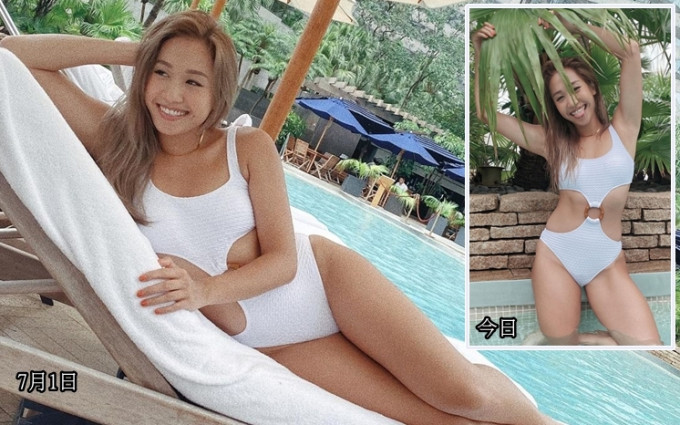 邓颖芝穿上同一泳衣到同一酒店。