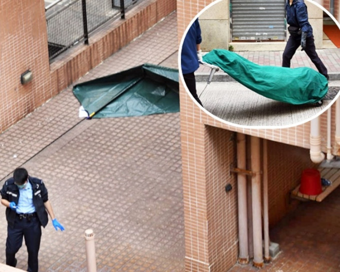 警方以帐篷遮盖死者遗体。（小图）仵工及后将遗体移送殓房。