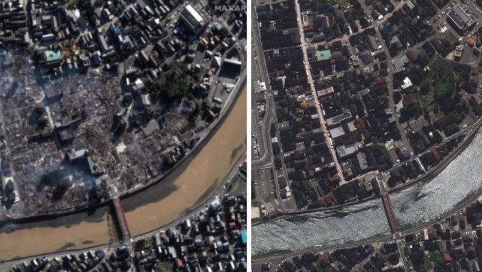 日本石川縣輪島市地震後衛星照前後對比照。