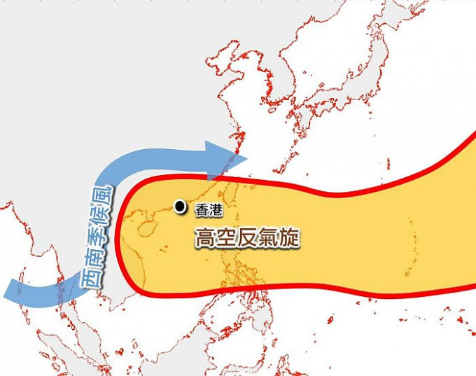 暖湿而不稳定的西南季候风会在周末期间沿著高空反气旋边缘输送至华中及华南地区。天文台