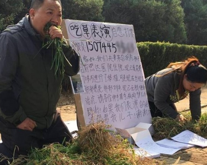 河北一對夫婦為白血病兒子籌募醫藥費，在街頭表演吃草。網圖