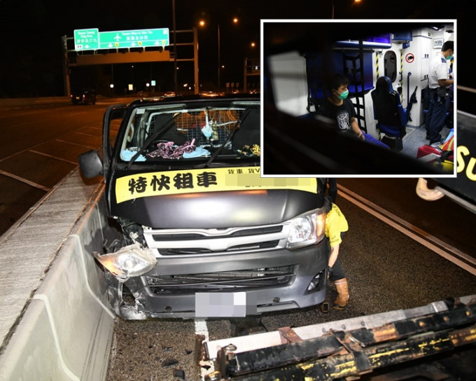 屯門公路一輛客貨車撞石壆，司機受傷送院。