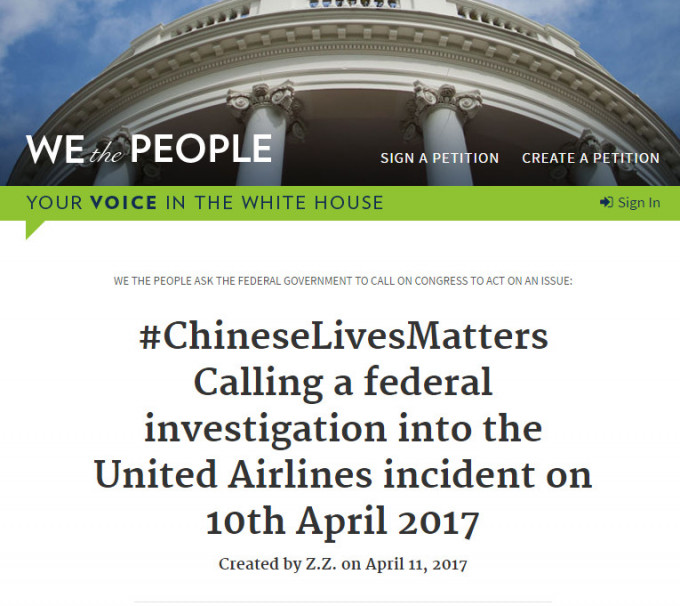 有网民在白宫专页发起联署#ChineseLivesMatters。