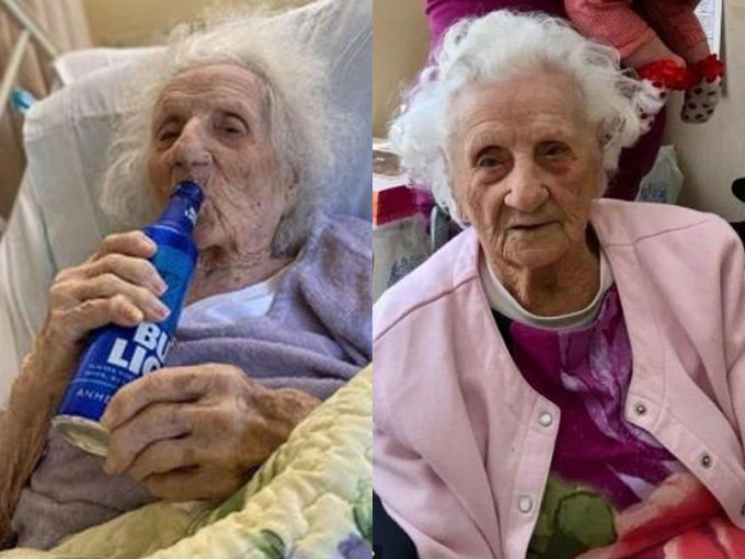 美国103岁老妇战胜新冠病毒，喝冻啤酒庆祝出院。(网图)