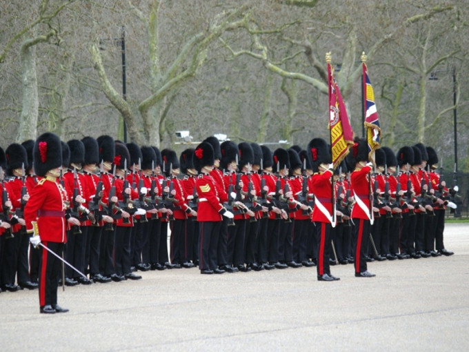 英国御林军近日在一次典礼彩排上，有两名士兵在气温仅25度的情况下昏倒。　网上图片