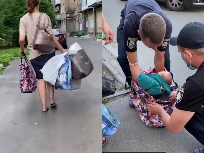 烏克蘭女子將一周大兒子裝手提尼龍袋散步，路人聞哭聲報警。(網圖)
