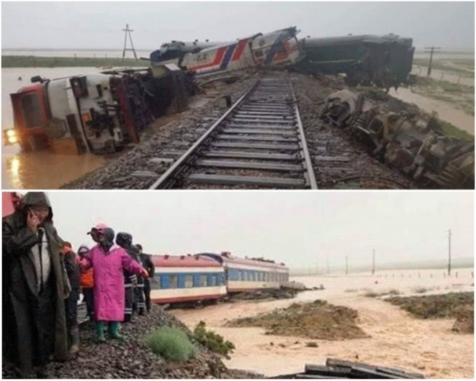 近日暴雨导致的洪水冲毁铁路路基造成列车脱轨。