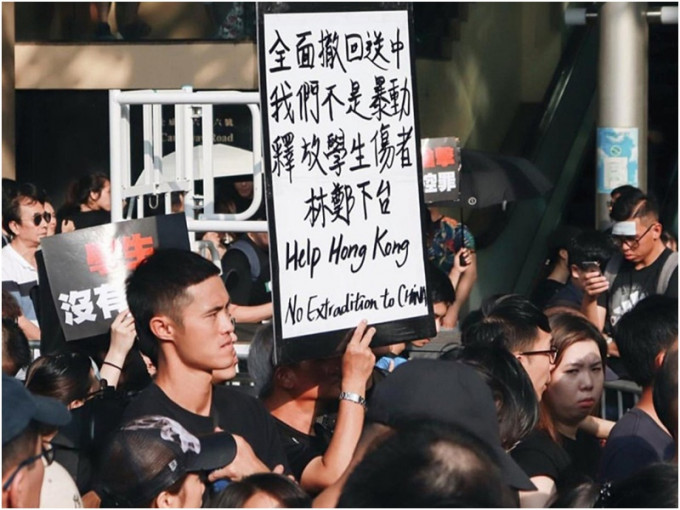 陈伟豪身穿黑衣、举出标语游行。网民相片