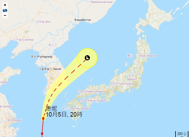 按照預測路徑，「康妮」今天將影響南韓天氣。