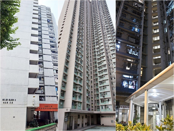 (左起)明华大厦A座、石篱二邨石荣楼及油丽邨逸丽楼住户需要强制检测。