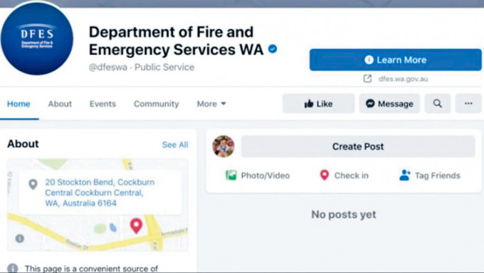 西澳消防部门的facebook网页遭波及。