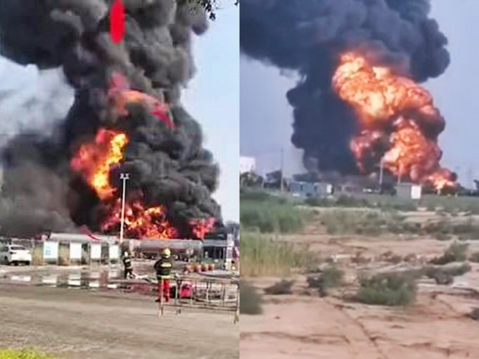 中国山东东营港昨日有油罐车爆炸。网上图片