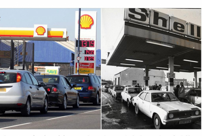 九月中旬英国汽油短缺加油站排起长龙（左）以及上世纪70年代英国汽油荒（右）。