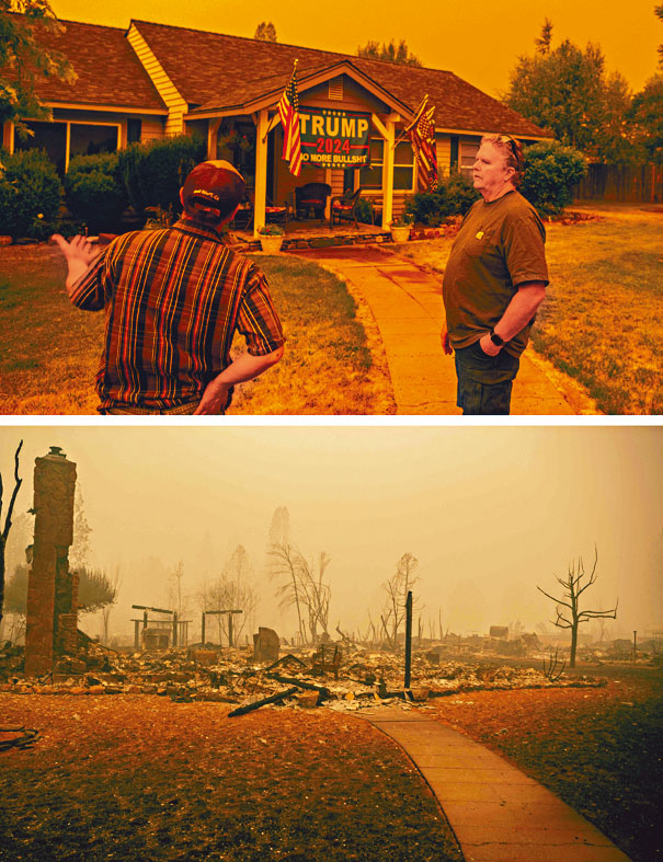 加州格林維爾鎮這間屋在上月二十三日遭火燒的前後對比。