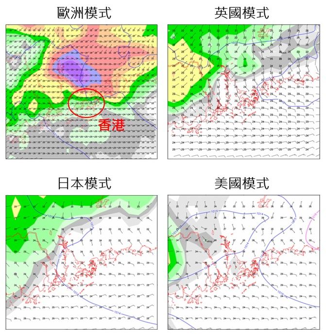 各大电脑预报模式对于4月16日的地面预报图，有颜色部分代表上午8时至下午8时的累积雨量。浅绿色为雨量较少，黄色或偏紫色为雨量较多。天文台