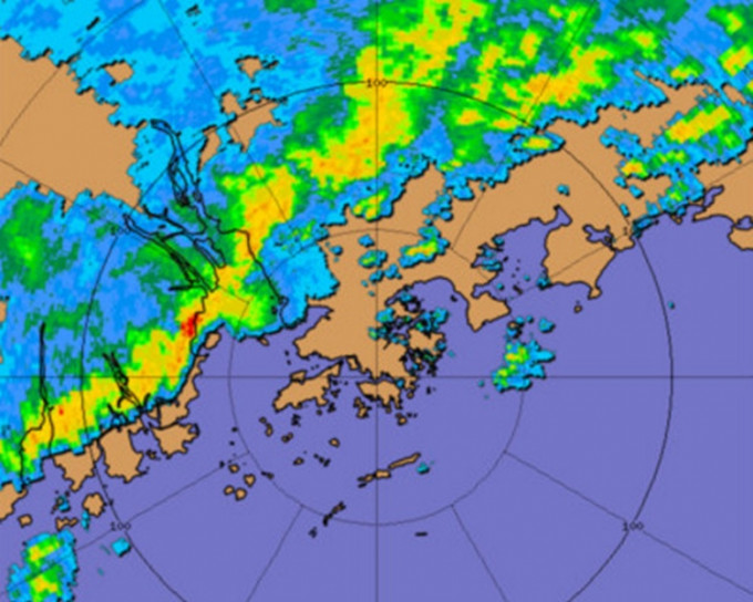 3時左右的雷達圖顯示，西北方向的雷雨帶來到香港。