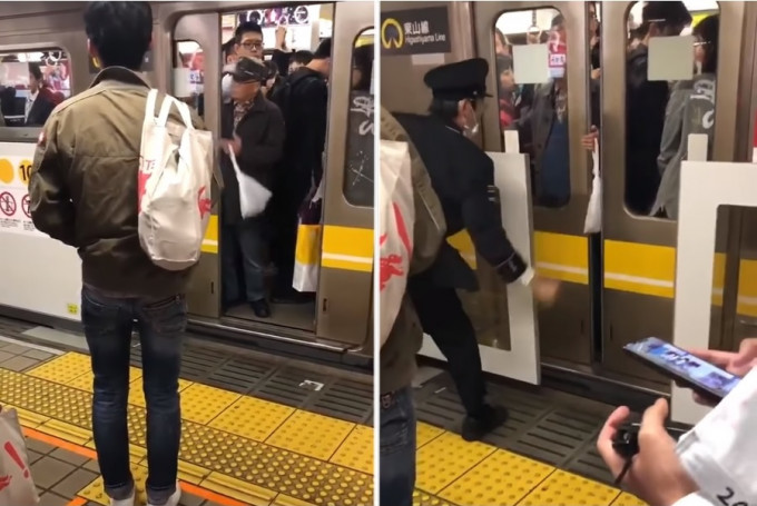 日本一名老翁在乘搭地鐵時故意讓車門夾住他的手，使車門不停地重覆開關。　影片截圖