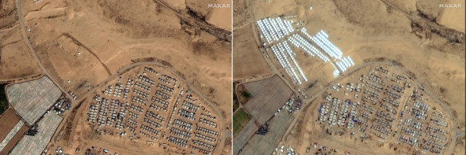 卫星照显示，拉法市外围4月23日出现大量白色帐篷（右），而4月7日拍摄时是没有白色帐篷的（左）。美联社