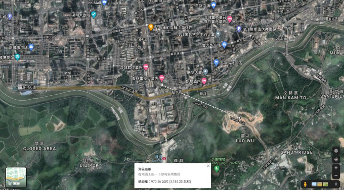 沙嶺殯葬城地盤距離深圳羅湖的商業購物區約有數百米距離。Google地圖截圖