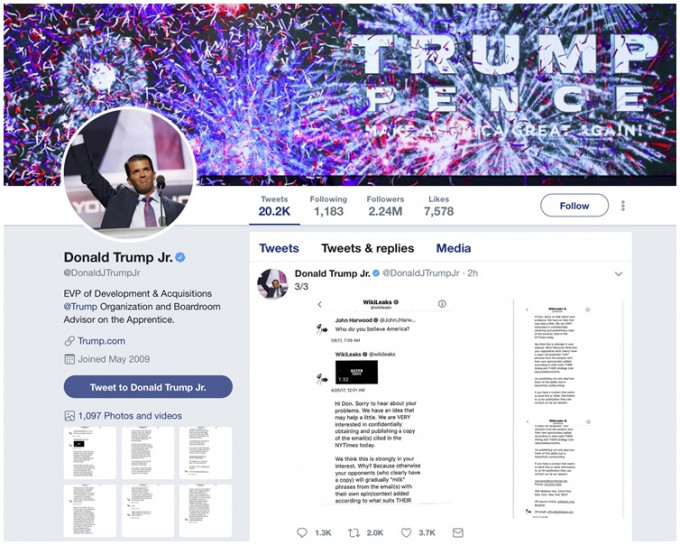 唐納德被揭去年美國總統大選期間，與爆料網站「維基解密在Twitter進行直接通訊。 AP