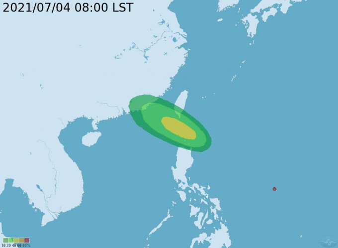 顯示未來120小時內7級風圈通過機率的高低分布。台灣中央氣象局圖片