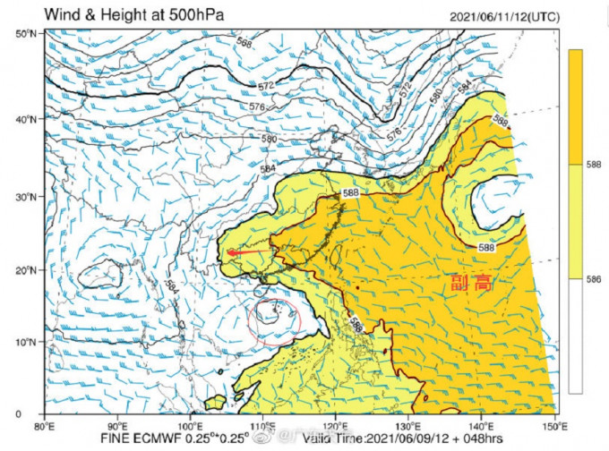 未来两天随副高逐渐加强西伸，有利于南海热带扰动的加强发展，形成热带低压。广东省气象台图片