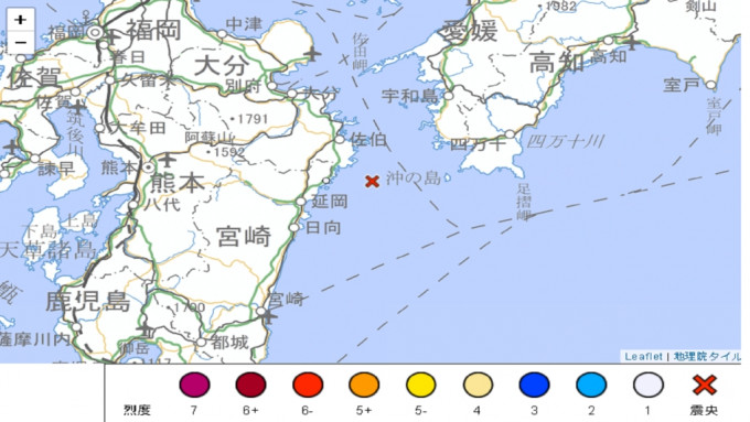 九州近海在当地凌晨1时08分发生黎克特制6.4级地震。日本气象厅图片