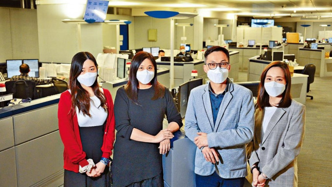 （左起）警察通讯员胡敏仪、总通讯员孔慧欣、何家辉及通讯员黄子珊，呼吁市民慎用「九九九」热綫服务。