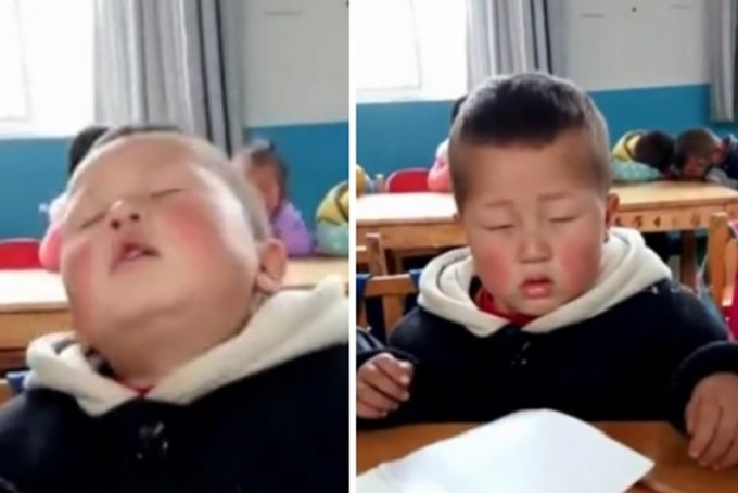 就读幼稚园中班的周梓宸在上课时不小心睡著，坐在椅子上打瞌睡，头还不停晃动，非常可爱。  影片截图