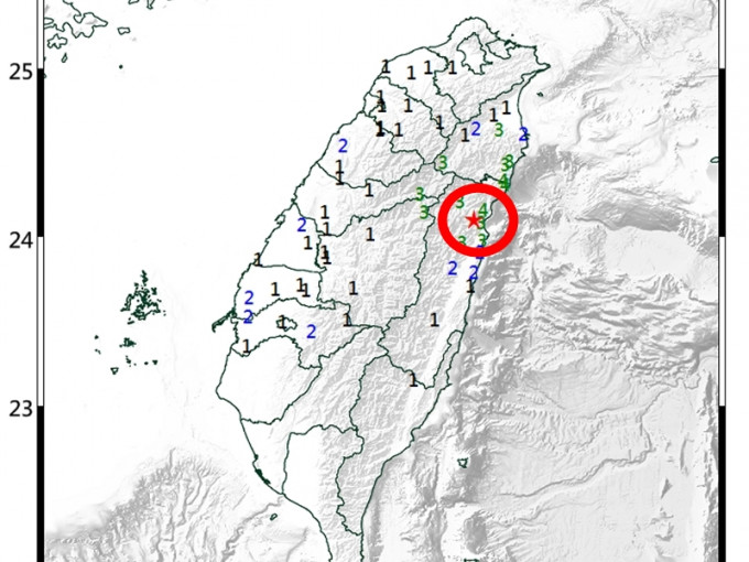 台湾花莲县（红圈）发生黎克特制4.8级地震。 台湾中央气象局图片