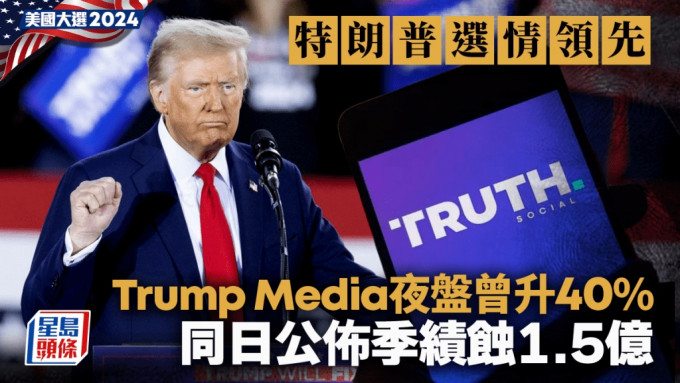 特朗普選情領先 Trump Media夜盤曾升40% 同日公佈季績蝕1.5億