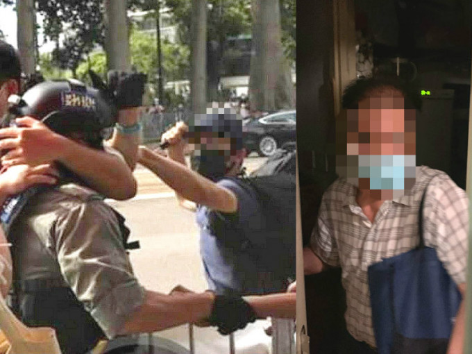 疑犯涉嫌持刀刺傷警員被捕，黃父（右）稱不知道兒子參與示威。